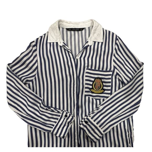 Zara Womens Size Small Stripe Button Down Shirt Nautical Crest Patch Long Sleeve - Picture 5 of 13